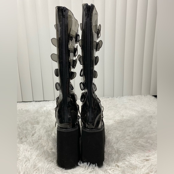 DEMONIA Trinity Clear Vinyl Knee High Platform Boots Buckles Smoke Gray Black 9 - Picture 5 of 14